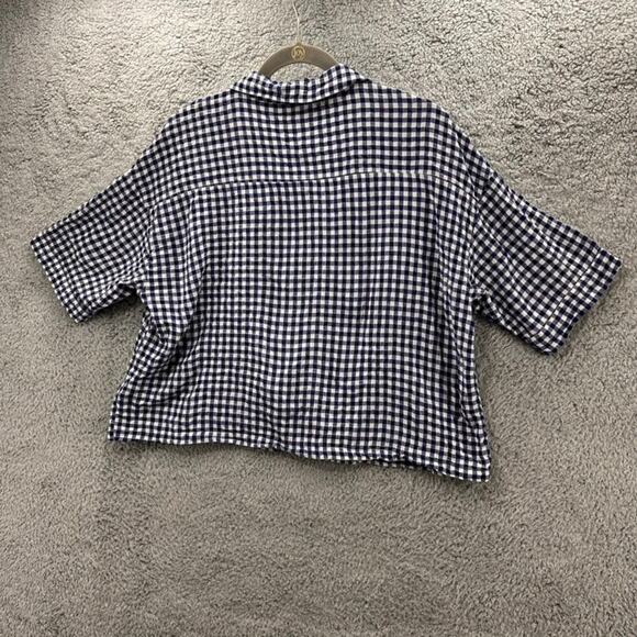 Papinelle Women's Medium Crop Top Button Up Short Sleeves Blue White Checkered - Picture 9 of 9